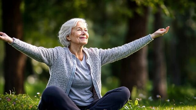 Zen Garden Serenity: A serene senior woman, radiating peace, sits meditatively in a lush garden, embracing the tranquility of nature and practicing mindful breathing and inner peace.