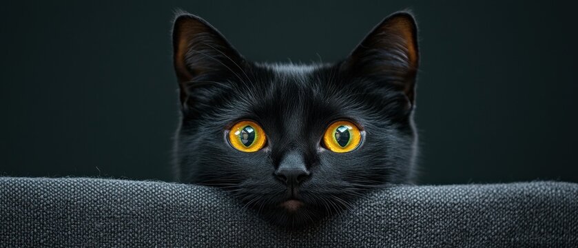Close up of a sleek black cat with striking yellow eyes peering over a gray textured surface in a dark room