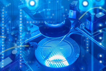 Manufacture of microprocessors. Creation of microchips. Equipment for production of nano processors. Creation and testing of electronic chip under microscope. Chip testing equipment.