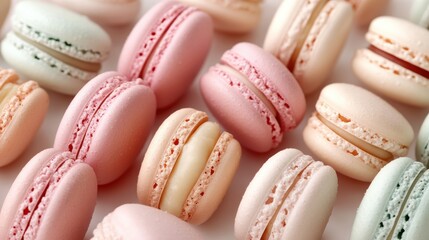 A collection of assorted macarons in pastel colors, elegantly placed on a white background