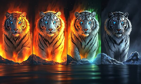 Four majestic tigers emerge from vibrant flames and icy waters, showcasing elemental power
