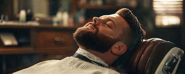Young man relaxes with his eyes closed as he gets a beard trim at a barber shop