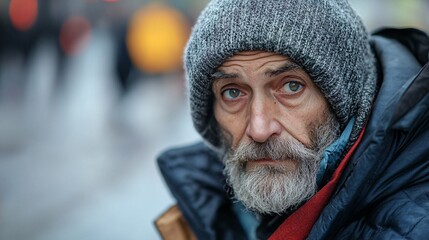Elderly homeless man in wool hat standing outdoors in winter, seeking assistance