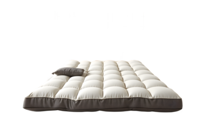 Cream-colored quilted mattress topper with gray border and pillow.
