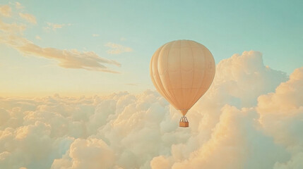 Obraz premium Dreamy hot air balloon ride above fluffy golden clouds, balloon with creamy fabric and caramel accents, sky tinted in soft twilight blues and apricot