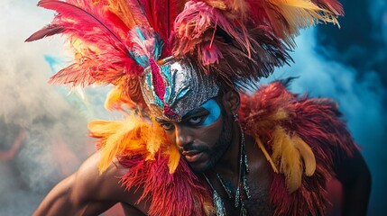 Dancer Posing Colorful Feathered Headdress