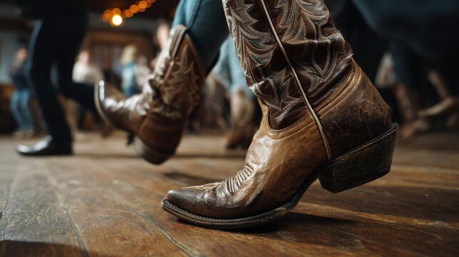 Close up shot of people line dancing with cowboy boots on a wooden dance floor at a country bar