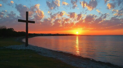 Sunset Serenity: A Cross by the Lake