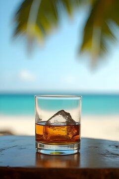 A glass of single malt Scotch whisky with beach background. Refreshment and party concept. Alcohol beverage menu