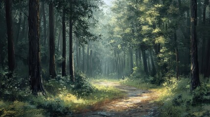 Obraz premium A serene forest path with tall trees dripping from recent rainfall, surrounded by the fresh scent of pine and damp earth in the quiet after the storm