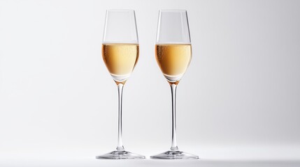A pair of elegant champagne flutes filled with bubbles, on a white background