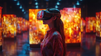 Obraz premium Woman using VR headset in art gallery.