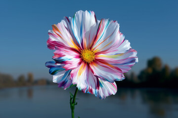 Single vibrant multicolored flower with painted petal textures in front of calm lake and blurred landscape background