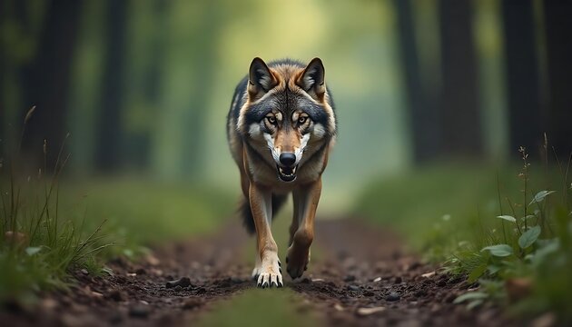 Angry lone wolf walking alone in a forest path, showing teeth, front face ready to attack wallper banner created with generative ai