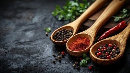 Three wooden spoons filled with peppercorns, paprika, and herbs on dark background.