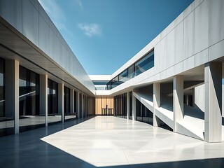 Modern architectural marvel skyscraper with geometric shapes and blue sky