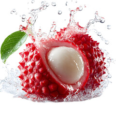 Ripe Lychee Splitting Open with Water Splash Isolated on Transparent Background