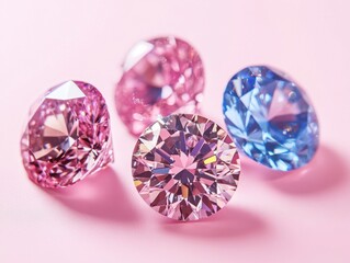 Exquisite collection of colorful diamonds on a soft pink surface showcasing luxury and elegance in a studio shot with a high angle view