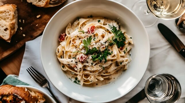 A delightful plate of creamy fettuccine pasta garnished with fresh parsley and cherry tomatoes, served elegantly on a table setting with wine glasses and rustic bread