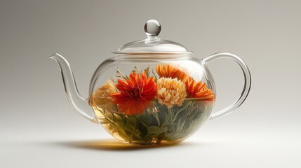 A glass teapot with blooming flower tea inside, on a white background