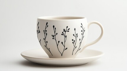 A white ceramic coffee mug with a plant design, placed on a white saucer, on a white background