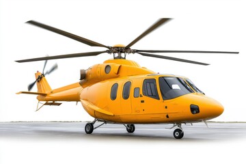 Fototapeta premium A yellow helicopter is parked on the ground. The helicopter is yellow and has a large propeller on top
