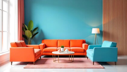pink orange blue salon layout Interior of a modern saloon room sofa furniture theme for saloon advertising and background telephoto lens daylight white created with generative ai