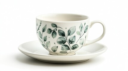 A white ceramic coffee mug with a plant design, placed on a white saucer, on a white background