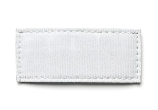 White blank label with stitched border on a white background. Blank tag, clothing label, rectangle.