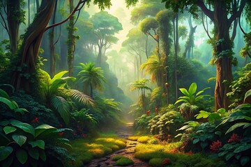 Panoramic Lush Jungle Landscape: Vibrant Green Canopy, Sunlight Dappled Forest Floor