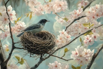 A songbird delicately weaving twigs and soft feathers into its nest, surrounded by blooming cherry blossoms during the Spring Equinox, capturing the essence of renewal and life