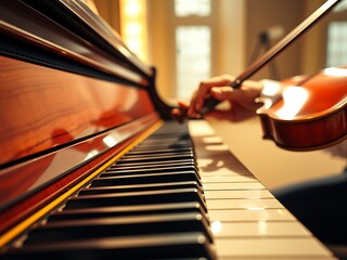 The Duet with piano and violin in harmony for collaborative music atmosphere