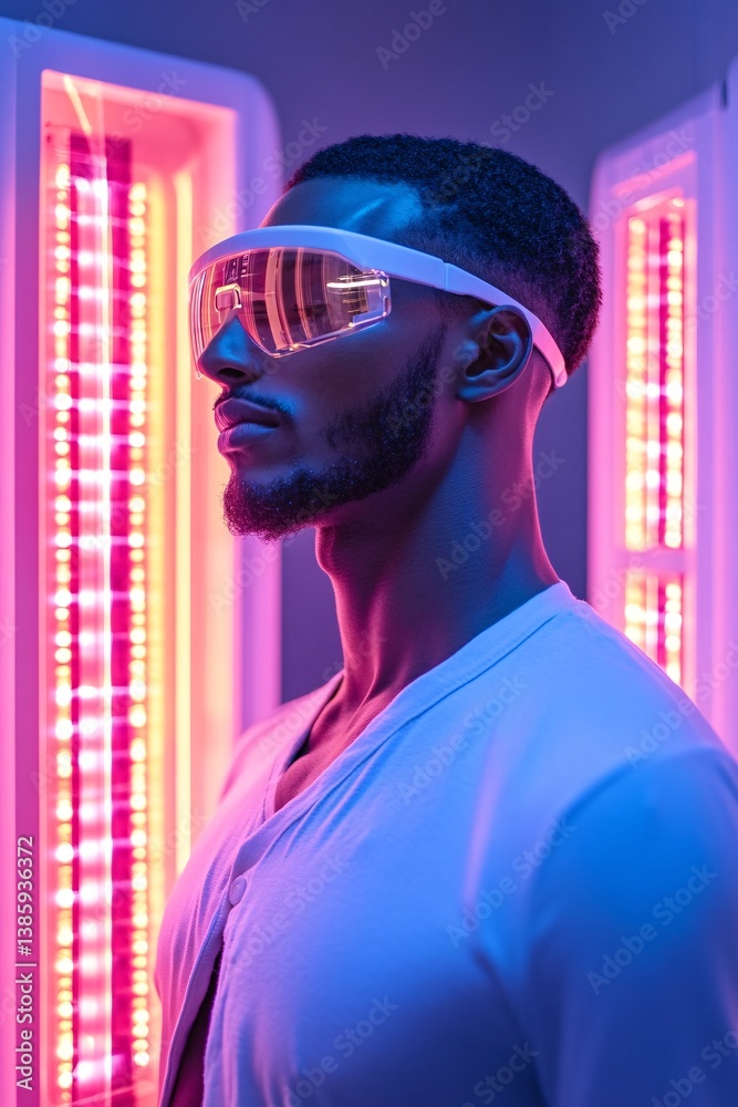 Poster Scientist wearing a vr headset stands in a high-tech laboratory with illuminated displays