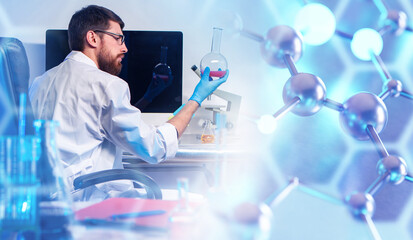 Man chemist. Molecular lattice near scientist. Man chemist studies substance in test tube. Chemist...