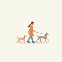 Woman walking two dogs in a minimalistic style  