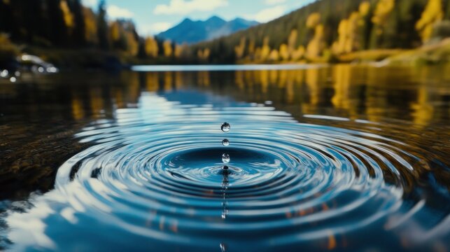 Water Droplet Impact Creates Ripples in a Serene Lake Landscape