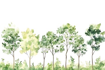Watercolor Trees – Botanical Illustration with Green Foliage & Varied Tree Shapes