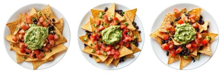Three plates of tortilla chips topped with guacamole black beans and pico de gallo.
