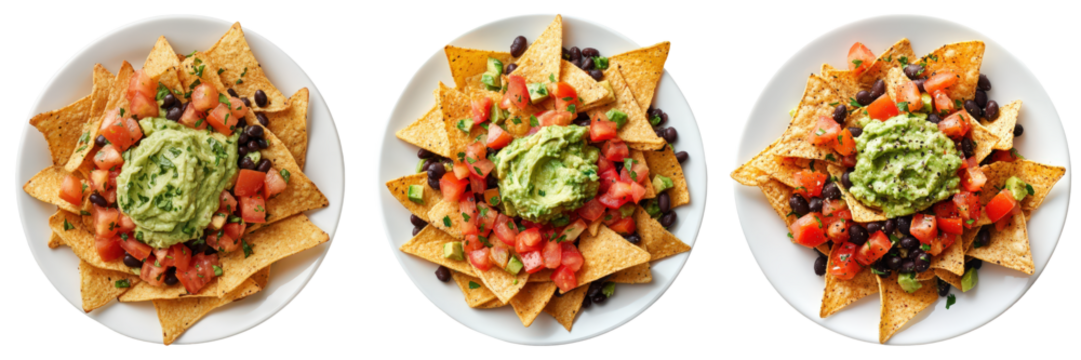 Three plates of tortilla chips topped with guacamole black beans and pico de gallo.