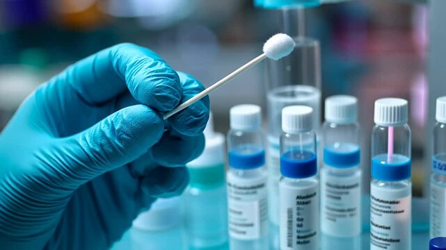 Scientist in lab coat holding a cotton swab for sample collection. Possible use educational material