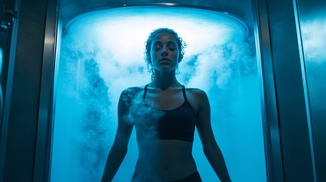 Young female athlete stands in a cryotherapy chamber, enveloped in chilly vapor with her eyes shut