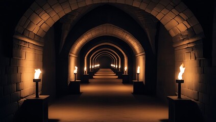 Fototapeta premium Fantasy Scary endless medieval catacombs with torches, Dark dungeon long medieval castle corridor backgrounds, scary endless medieval catacombs with torches. Mystical night, created with generative ai