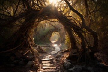 Enchanting forest path with sunlight streaming through the canopy trees