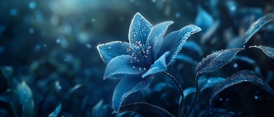 Dramatic rendering of early angiosperm bloom among primitive flora glowing dew under moonlight intricate photorealistic petal structure cinematic background gradient of forest blue green ultra high