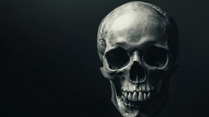 Close-up of a human skull against a dark background.