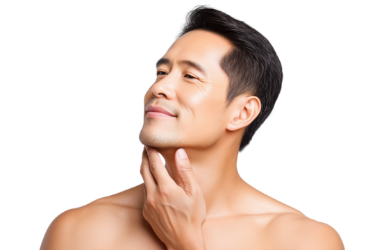 Shirtless Asian man in his 30s touching chin and smiling on white background