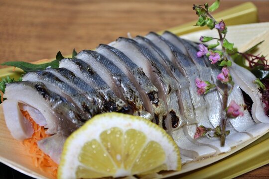 Shimesaba (vinegared mackerel sashimi) purchased at a supermarket in Tokyo, Japan