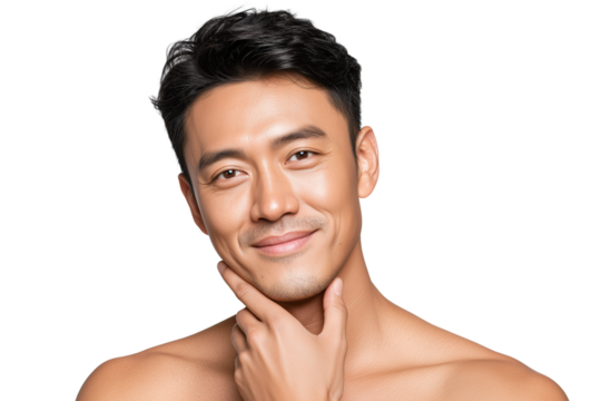 Young Chinese man smiling and touching his chin on white background