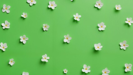 A green background with white paper flowers scattered across it.