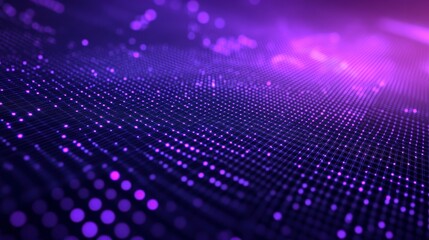 Abstract purple and pink digital grid pattern, glowing dots and lines, technology background.